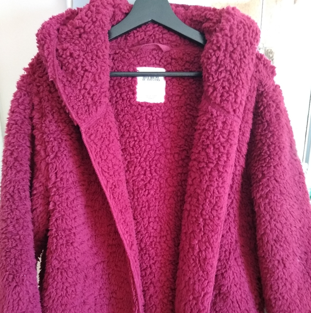 Victoria's Secret Pink fluffy jacket one size burgundy sweater hoodie